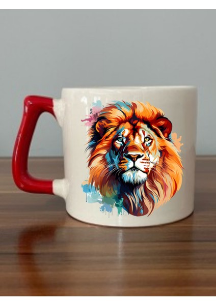 Modern Aslanlı Kırmızı Kulplu Kupa Bardak - Seramik Çay, Kahve Hediyelik Bardağı