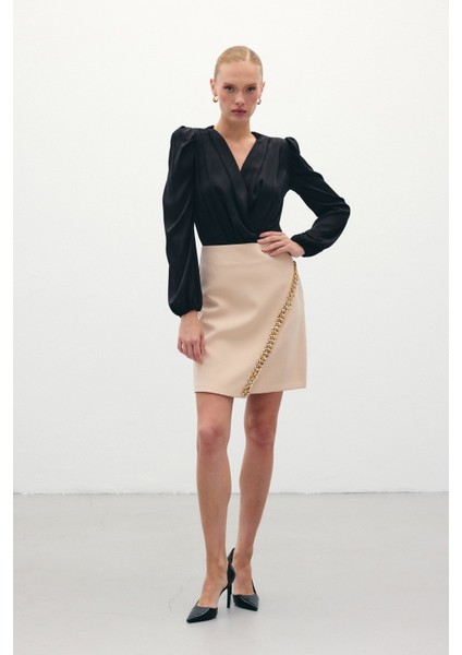 Zincir Aksesuarlı Mini Etek - Bej fiyatları