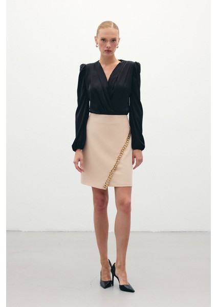 Zincir Aksesuarlı Mini Etek - Bej modelleri