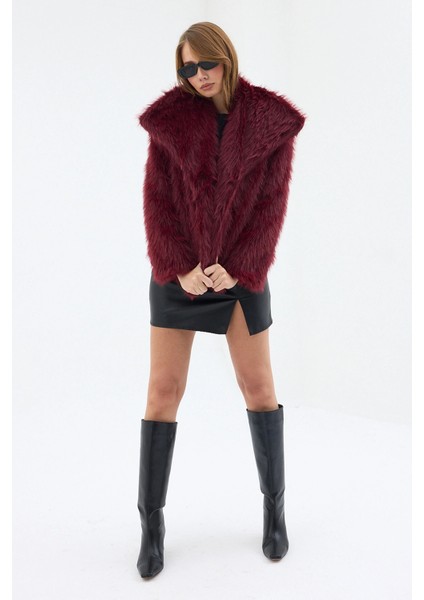 Kadın Peluş Kürk Premium Mont Bordo