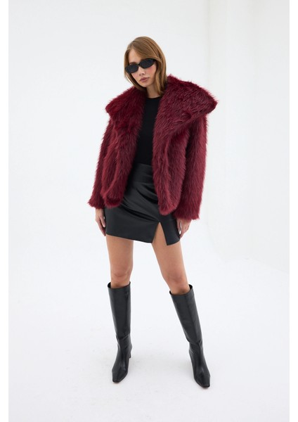 Kadın Peluş Kürk Premium Mont Bordo modelleri