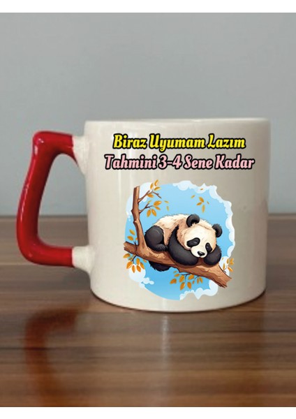 Biraz Uyumama Lazım Yazılı Kırmızı Kulplu Kupa Bardak - Seramik Çay, Kahve Hediyelik Bardağı