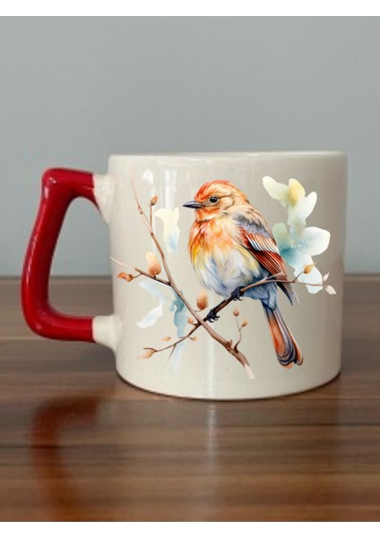 Kuşlu Kırmızı Kulplu Kupa Bardak - Seramik Çay, Kahve Hediyelik Bardağı