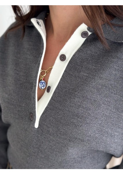 Kontrast Detaylı Polo Yaka Oversize Triko Kazak modelleri