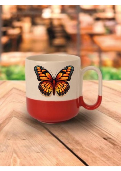 Kelebekli Kırmızı Tabanlı Kupa Bardak - Seramik Çay, Kahve Hediyelik Bardağı