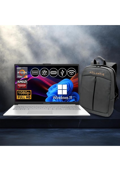 Vivobook Go 15 RYZEN5-7520U 8gb 512GB Nvme SSD E1504FA-BQ1741 ATL25 15.6" WIN11PRO Notebook+Çanta