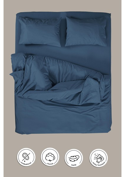 Pamuk Saten Çift Kişilik Nevresim Takımı Lastikli Çarşaflı Rahat Kullanım Indigo Renk 200X220 fiyatları