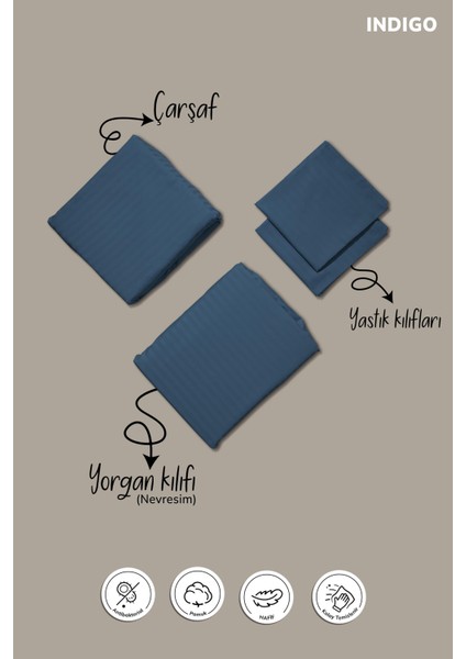 Pamuk Saten Çift Kişilik Nevresim Takımı Lastikli Çarşaflı Rahat Kullanım Indigo Renk 200X220 fırsatları