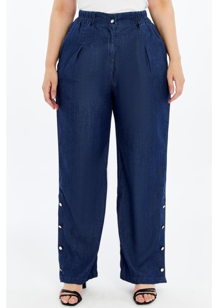 Paça Düğme Detaylı Beli Lastikli Büyük Beden Tnsel Pantolon Lacivert