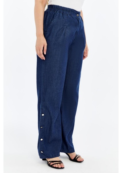Paça Düğme Detaylı Beli Lastikli Büyük Beden Tnsel Pantolon Lacivert modelleri