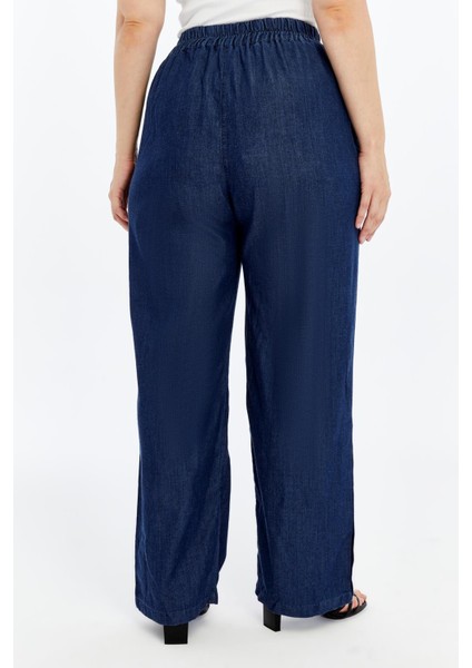 Paça Düğme Detaylı Beli Lastikli Büyük Beden Tnsel Pantolon Lacivert