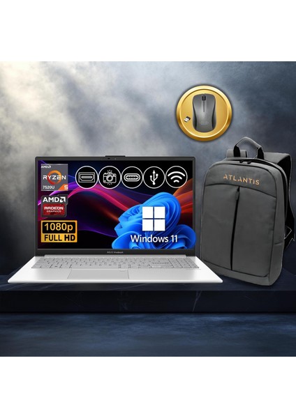 Vivobook Go 15 RYZEN5-7520U 8gb 512GB Nvme SSD E1504FA-BQ1741 ATL29 15.6" WIN11PRO Notebook+Çanta+Mouse