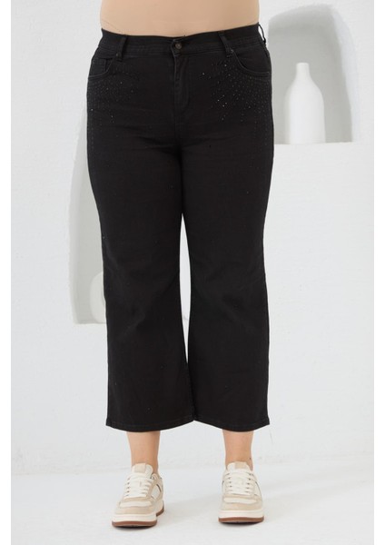 Ön Taş Detaylı Büyük Beden Kot Pantolon Siyah