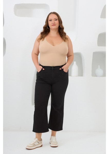 Ön Taş Detaylı Büyük Beden Kot Pantolon Siyah indirimleri