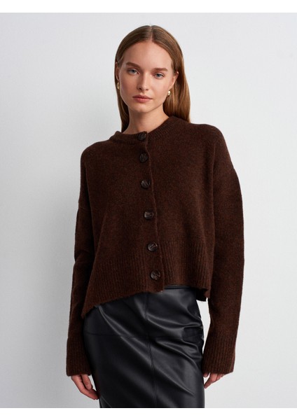 60280 Yanları Yırtmaçlı Yün Karışımlı Triko Hırka-Kahve M.
