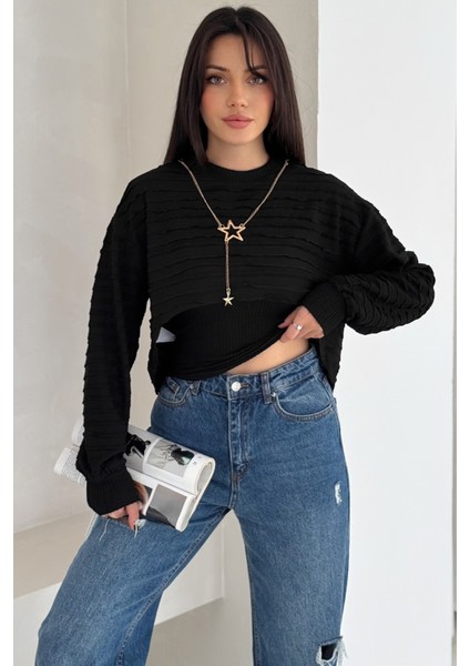 Kadın Dokulu Atlet & Kolye & Sweatshirt Takım – Sıcak & Şehirli Stil