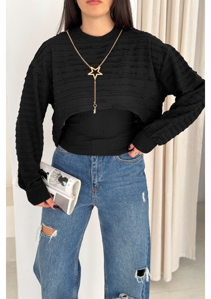 Kadın Dokulu Atlet & Kolye & Sweatshirt Takım – Sıcak & Şehirli Stil fırsatları