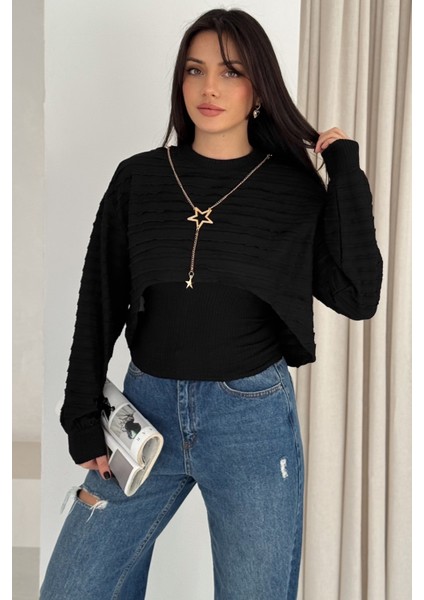 Kadın Dokulu Atlet & Kolye & Sweatshirt Takım – Sıcak & Şehirli Stil