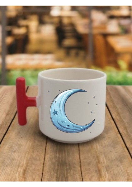 Mavi Ay Kahve Bardağı Seramik Kupa Bardak - Seramik Çay, Kahve Hediyelik Bardağı