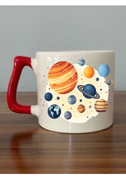 Gezegenler Iç Içe Kırmızı Kulplu Kupa Bardak - Seramik Çay, Kahve Hediyelik Bardağı