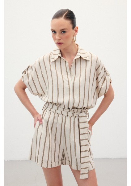 Kısa Kollu Keten Karışımlı Gömlek - Camel