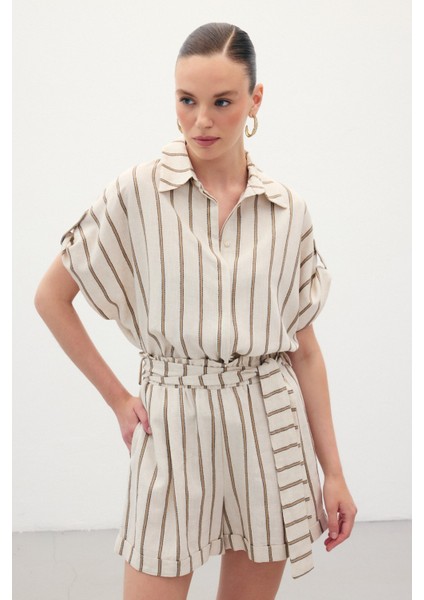 Kısa Kollu Keten Karışımlı Gömlek - Camel fiyatları