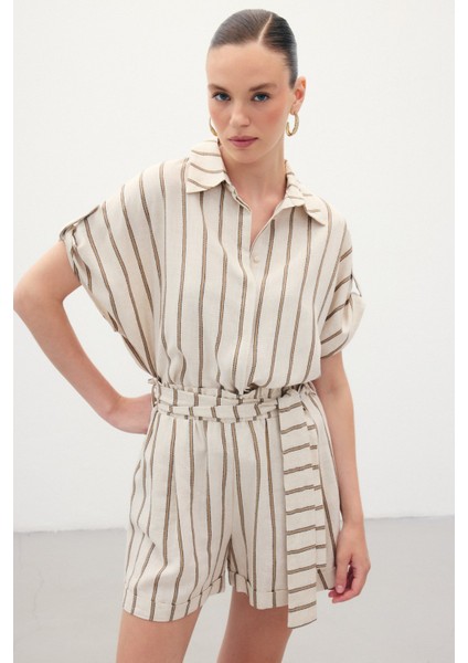 Kısa Kollu Keten Karışımlı Gömlek - Camel modelleri