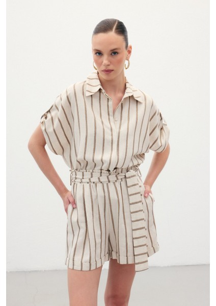 Kısa Kollu Keten Karışımlı Gömlek - Camel fırsatları