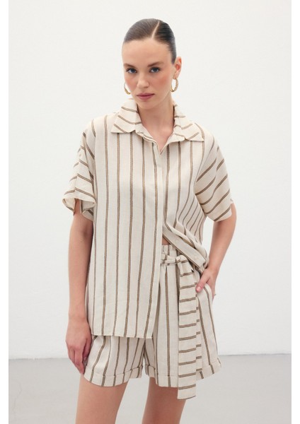 Kısa Kollu Keten Karışımlı Gömlek - Camel indirimleri