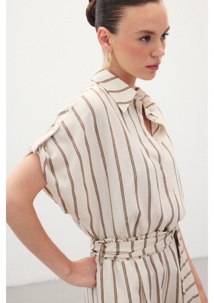 Kısa Kollu Keten Karışımlı Gömlek - Camel