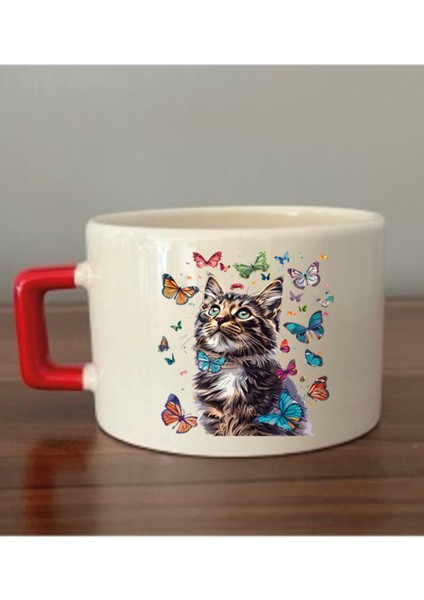 Kelebekli Kedi Temalı Fincan Kupa Bardak - Seramik Çay, Kahve Hediyelik Bardağı