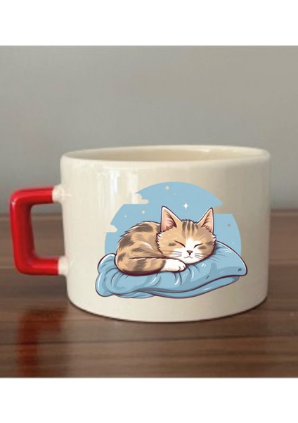 Uyuyan Kedi Fincan Seramik Kupa Bardak - Seramik Çay, Kahve Hediyelik Bardağı