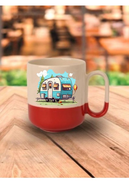 Karavan Görselli Kırmızı Tabanlı Kupa Bardak - Seramik Çay, Kahve Hediyelik Bardağı