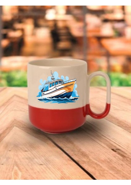 Gemi Baskılı Kırmızı Tabanlı Kupa Bardak - Seramik Çay, Kahve Hediyelik Bardağı
