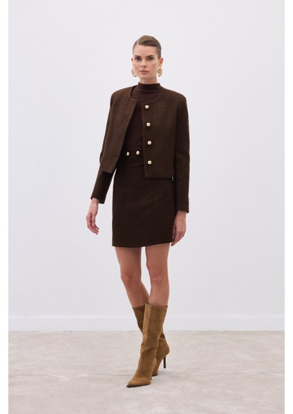 Düğme Detaylı Mini Tüvit Etek - Kahve