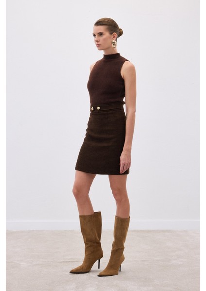 Düğme Detaylı Mini Tüvit Etek - Kahve fiyatları