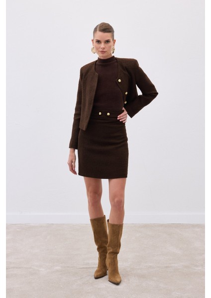 Düğme Detaylı Mini Tüvit Etek - Kahve