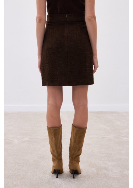 Düğme Detaylı Mini Tüvit Etek - Kahve