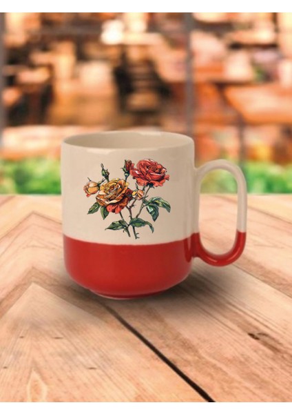 Gül Temalı Kırmızı Tabanlı Kupa Bardak - Seramik Çay, Kahve Hediyelik Bardağı