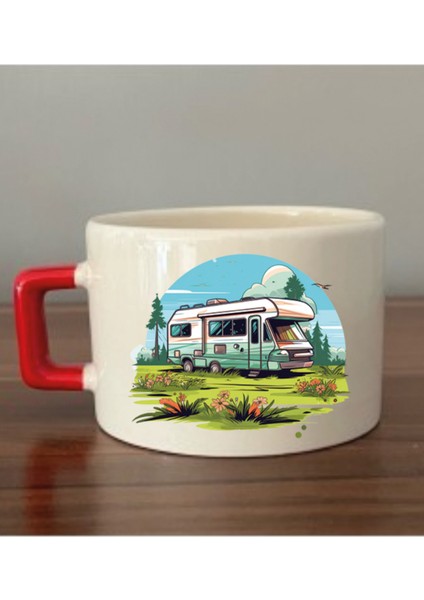 Karavan ve Tatil Temalı Kırmızı Kulplu Fincan Kupa Bardak - Seramik Çay, Kahve Hediyelik Bardağı