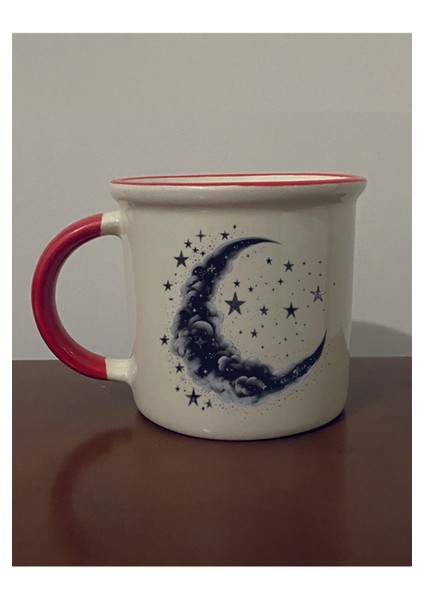 Siyah Ay Baskılı Kırmızı Ağızlı Kupa Bardak - Seramik Çay, Kahve Hediyelik Bardağı