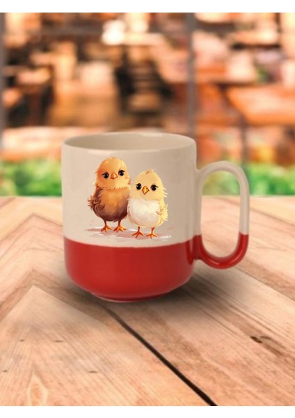 Civciv Baskılı Kırmızı Tabanlı Kupa Bardak - Seramik Çay, Kahve Hediyelik Bardağı