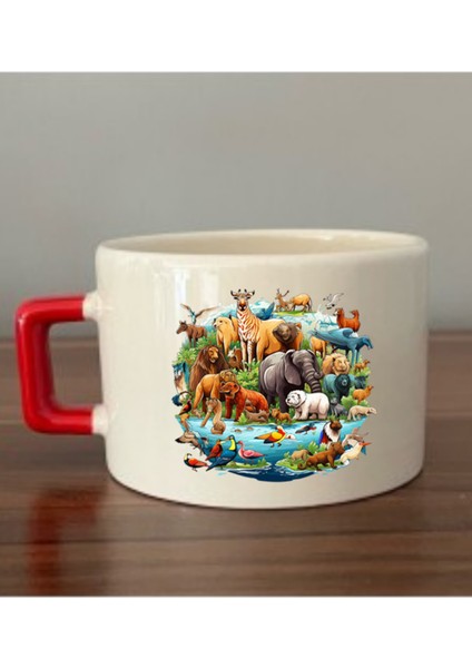 Hayvanlar Alemi Baskılı Kırmızı Kulplu Fincan Seramik Kupa - Seramik Çay, Kahve Hediyelik Bardağı