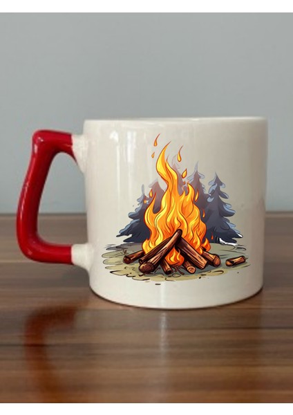 Kamp Ateşi Baskılı Kırmızı Kulplu Kupa Bardak - Seramik Çay, Kahve Hediyelik Bardağı