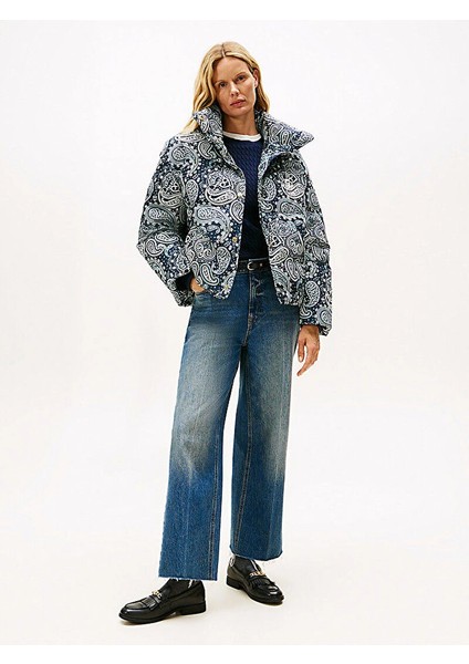 Tamamı Baskılı Kuş Tüyü Normal Kesim Kadın Mavi Ceket WW0WW474470ZV