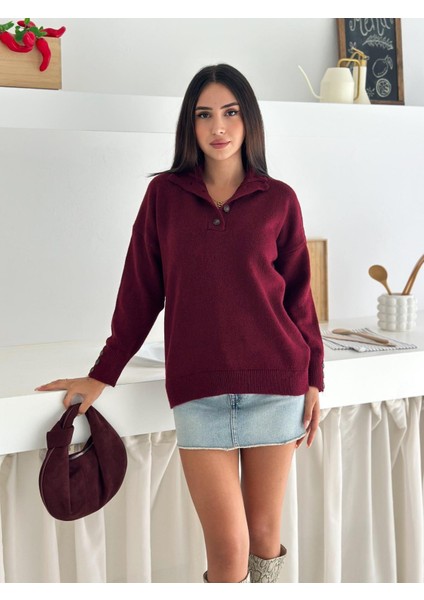 Polo Yaka Yarım Pat Kol Düğme Detay Triko Kazak