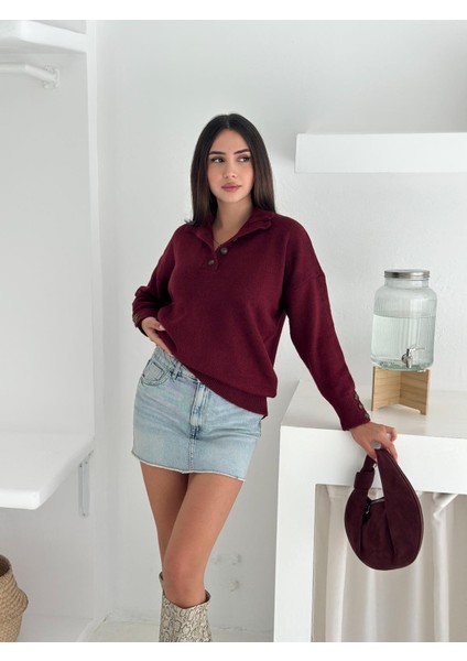 Polo Yaka Yarım Pat Kol Düğme Detay Triko Kazak fırsatları