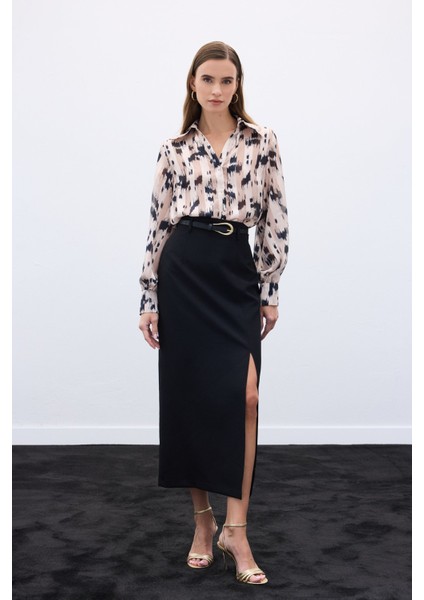 Geniş Manşetli Desenli Gömlek - Bej fiyatları