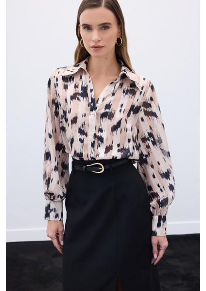 Geniş Manşetli Desenli Gömlek - Bej modelleri