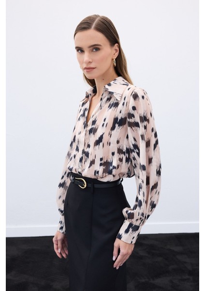 Geniş Manşetli Desenli Gömlek - Bej indirimleri